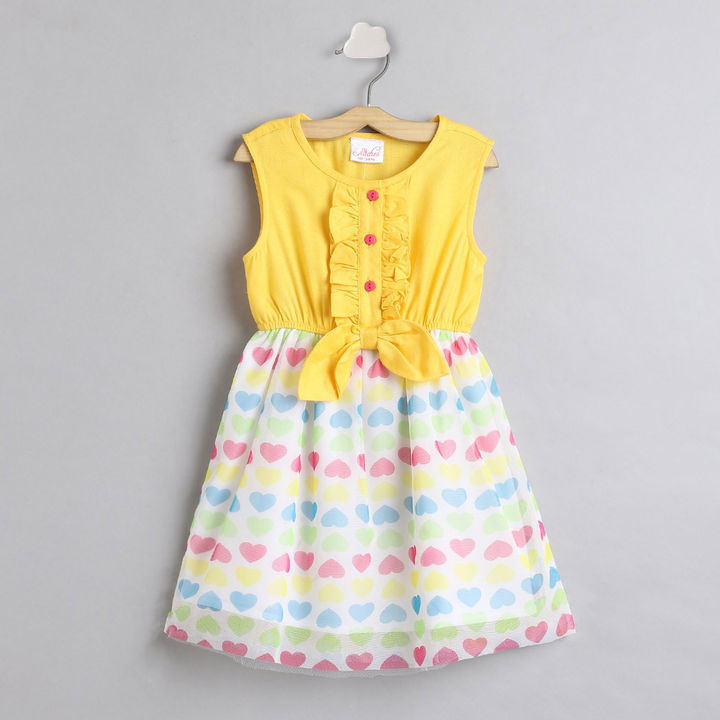 Pspeaches Girls Yellow White Hearts Print Net Fit And Flare Dress (D-HEARTMULTI)