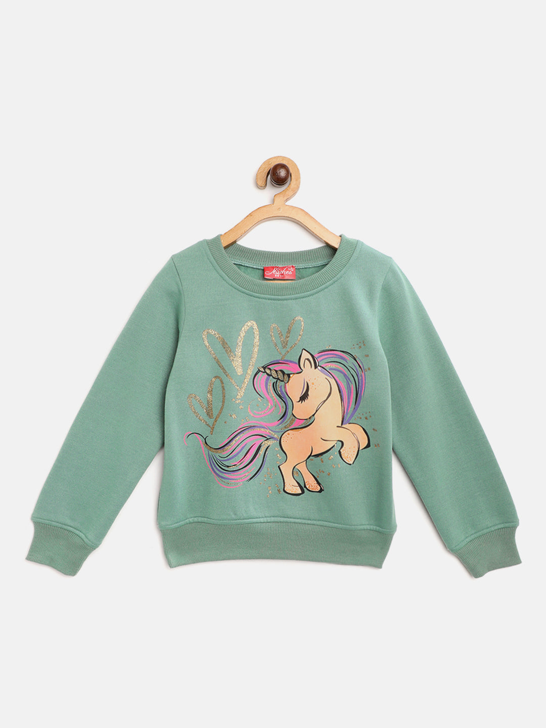 Pspeaches Girls Green Unicorn Printed Sweatshirt (SW-GREEN DOG)