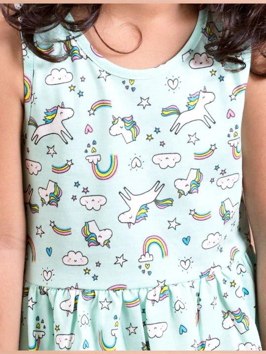 Pspeaches Green White Unicorn Printed Dress (HS-GREEN UNICORN)