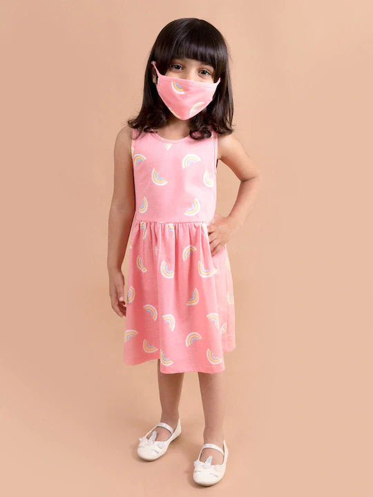 Pspeaches Pink White Rainbow Printed Dress (HS-CORAL RAINBOW)