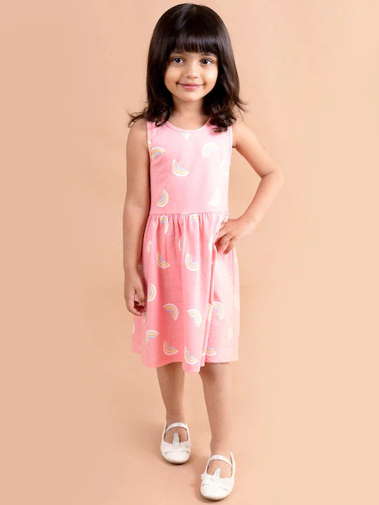 Pspeaches Pink White Rainbow Printed Dress (HS-CORAL RAINBOW)