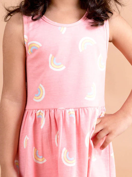 Pspeaches Pink White Rainbow Printed Dress (HS-CORAL RAINBOW)