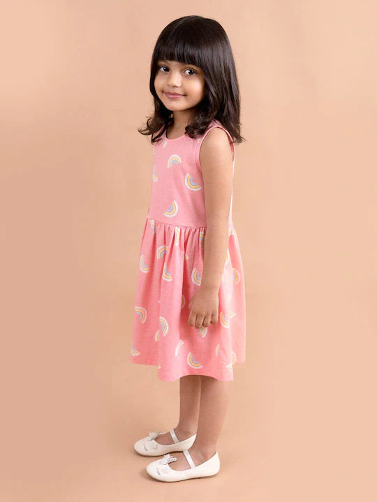 Pspeaches Pink White Rainbow Printed Dress (HS-CORAL RAINBOW)