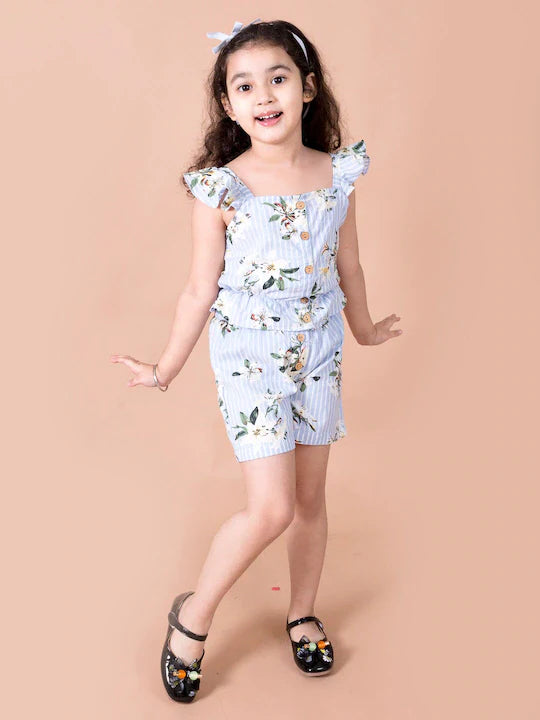 Pspeaches Girls Blue Floral Printed Top With Shorts (SH-STRIPE FLORAL)