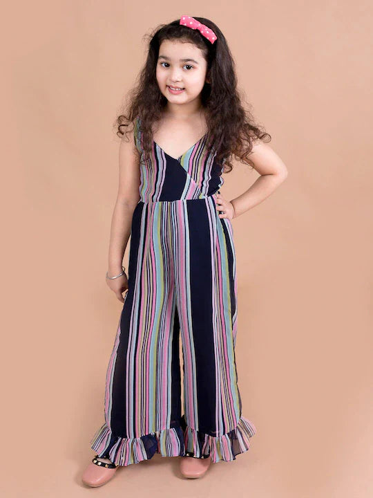 Pspeaches Girls Navy Blue Pink Striped Basic Jumpsuit (J-NAVY STRIPE)