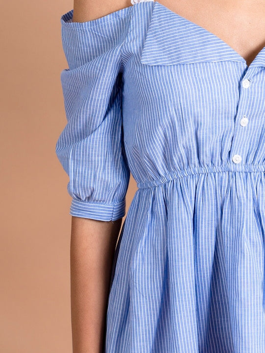 Blue White Striped Cold Shoulder Sleeves Cotton Dress (d-blue stripe)