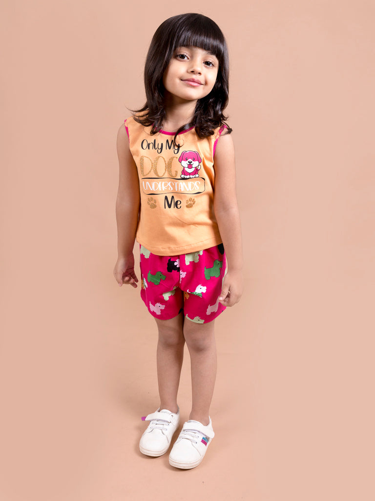 Girls Magenta Orange Printed Co-Ords Set (sh-dogmulti)