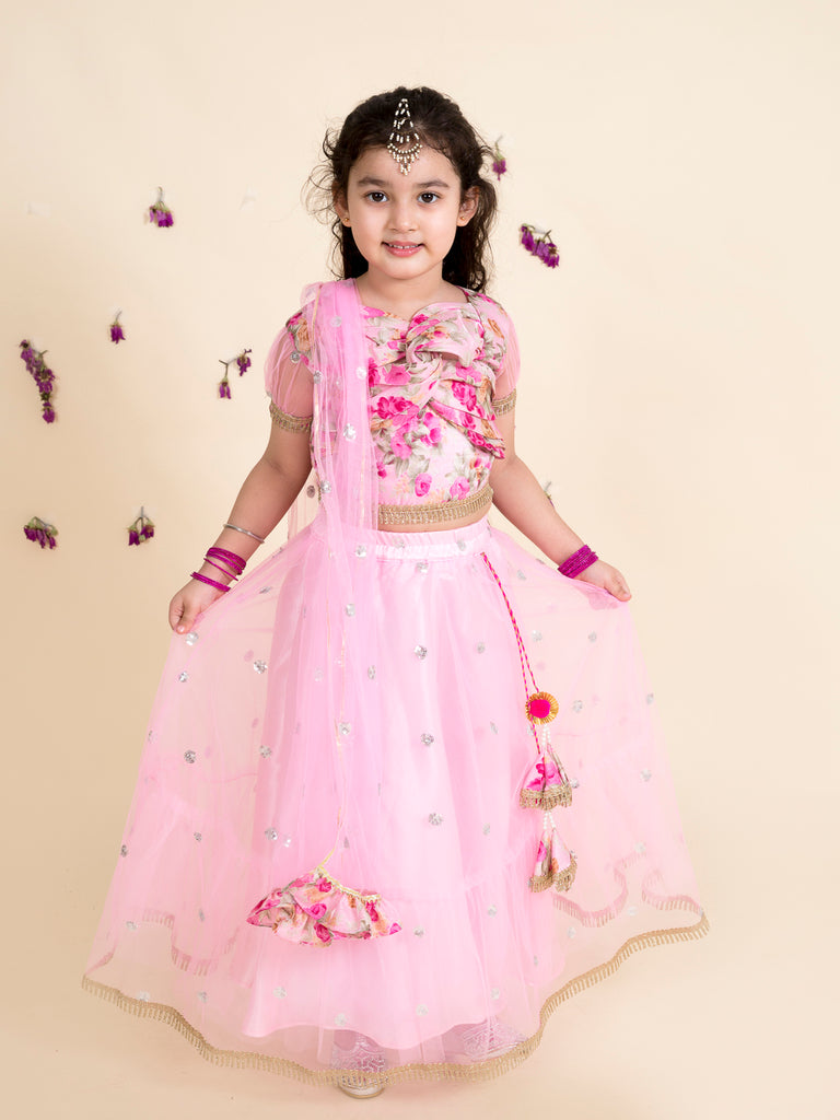 Pspeaches Girls Pink Orange Embellished Ready To Wear Lehenga Blouse With Dupatta (L-PINK SHIMMER)