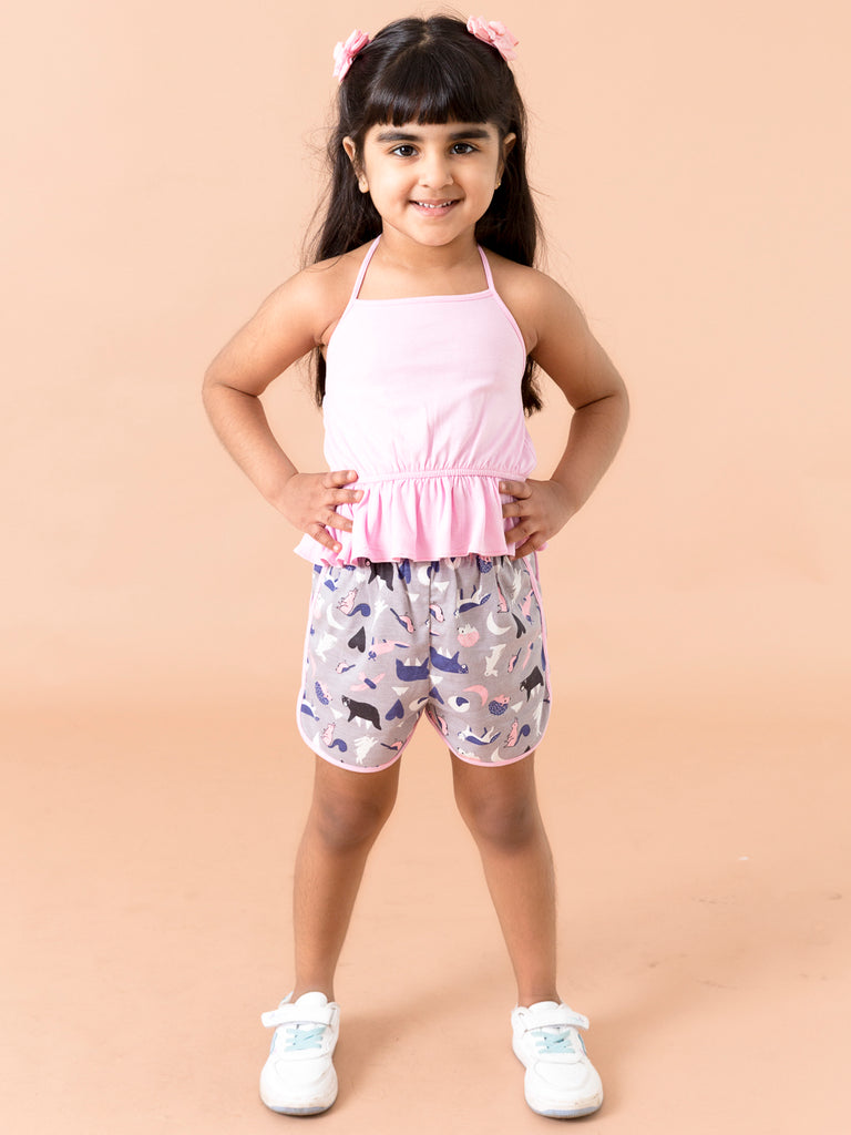 Pspeaches Girls Pink Grey Printed Top With Shorts (SH-JUNGLEPINK)