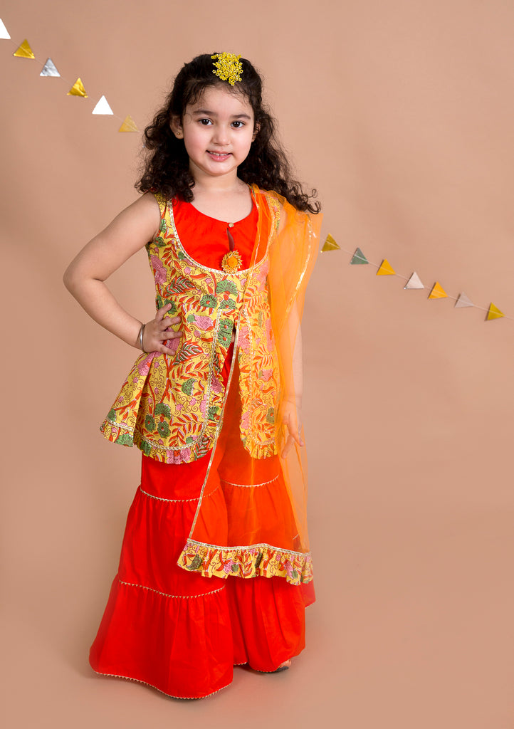 Pspeaches Girls Yellow Floral Printed Pure Cotton Kurti With Sharara With Dupatta (SHA-YELLOW ORANGE)