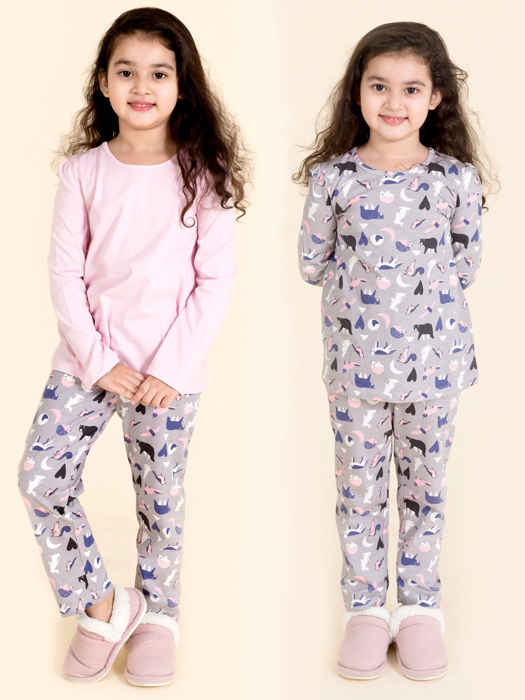 Girls Pack of 2 Pure Cotton Printed Night suits (NW-GreyStoryCombo)