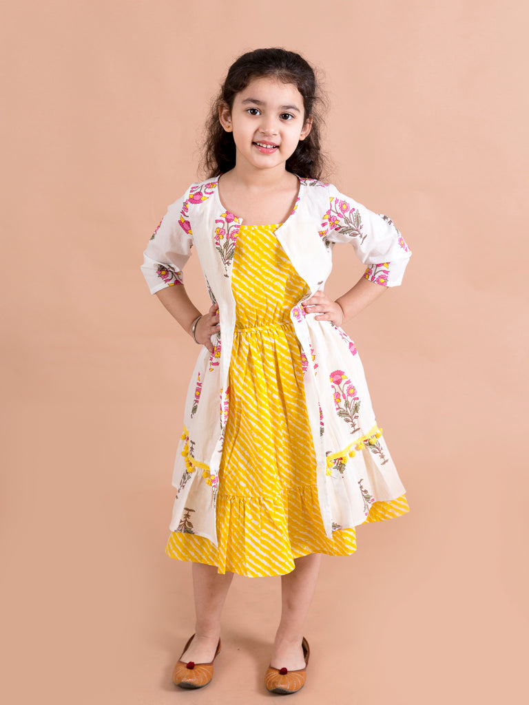 Pspeaches Yellow White Floral A-Line Cotton Dress With Attached Shrug (IW-Mughalflowers)