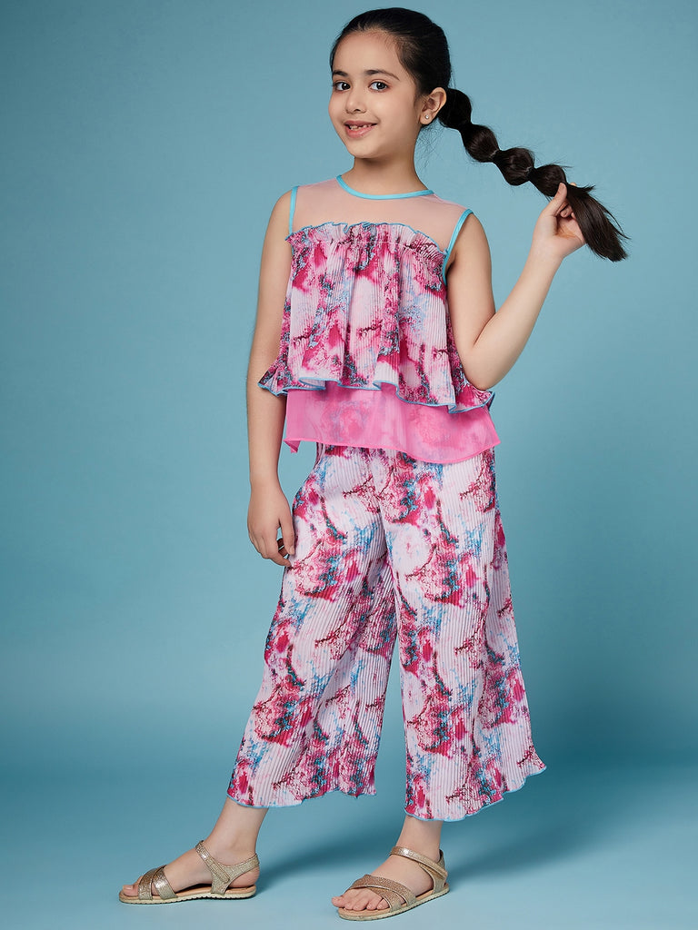 Girls Printed Sleeveless Top With Palazzos (s-pleatpink)