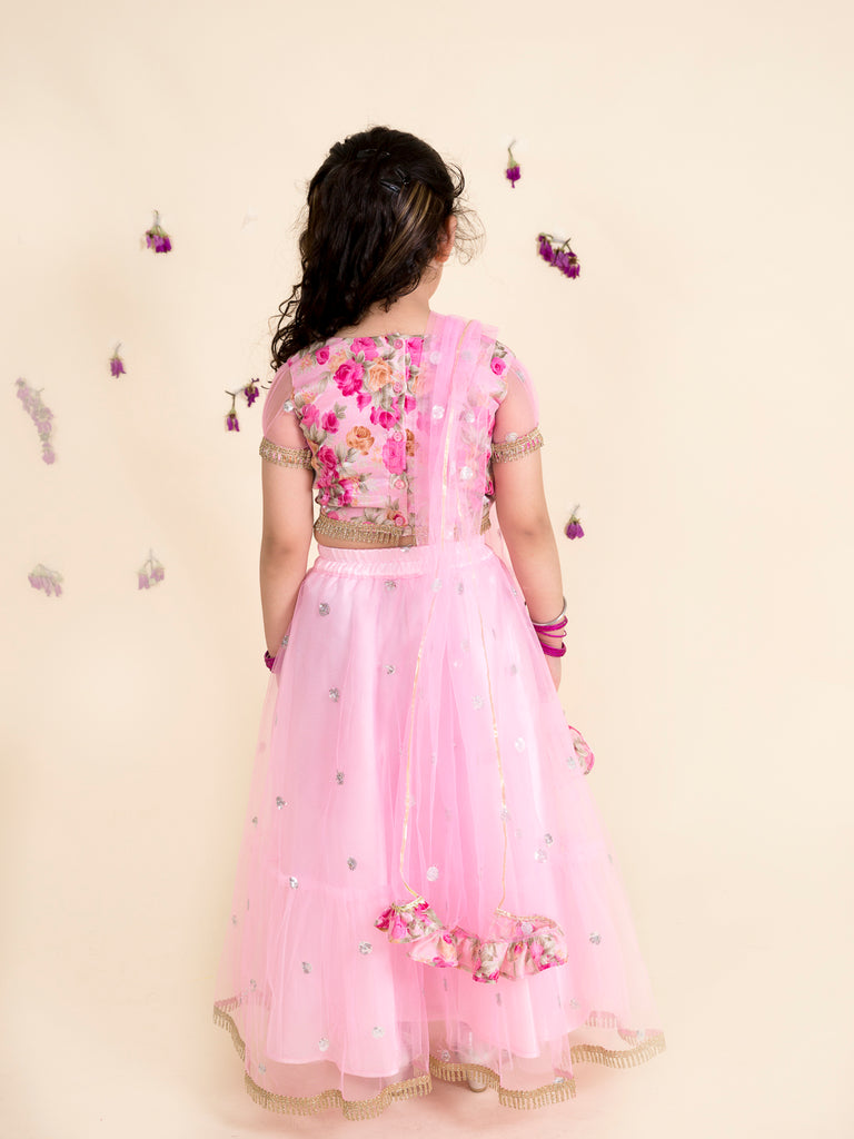 Pspeaches Girls Pink Orange Embellished Ready To Wear Lehenga Blouse With Dupatta (L-PINK SHIMMER)