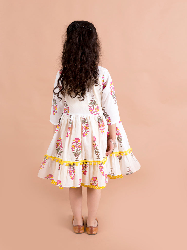 Pspeaches Yellow White Floral A-Line Cotton Dress With Attached Shrug (IW-Mughalflowers)