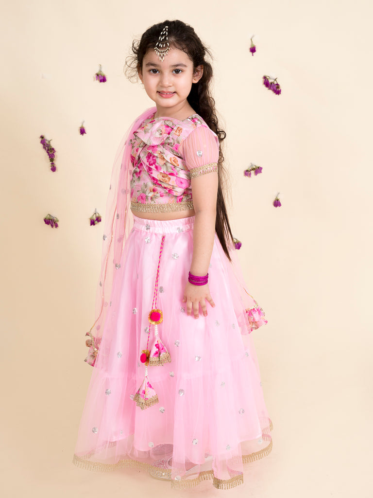 Pspeaches Girls Pink Orange Embellished Ready To Wear Lehenga Blouse With Dupatta (L-PINK SHIMMER)