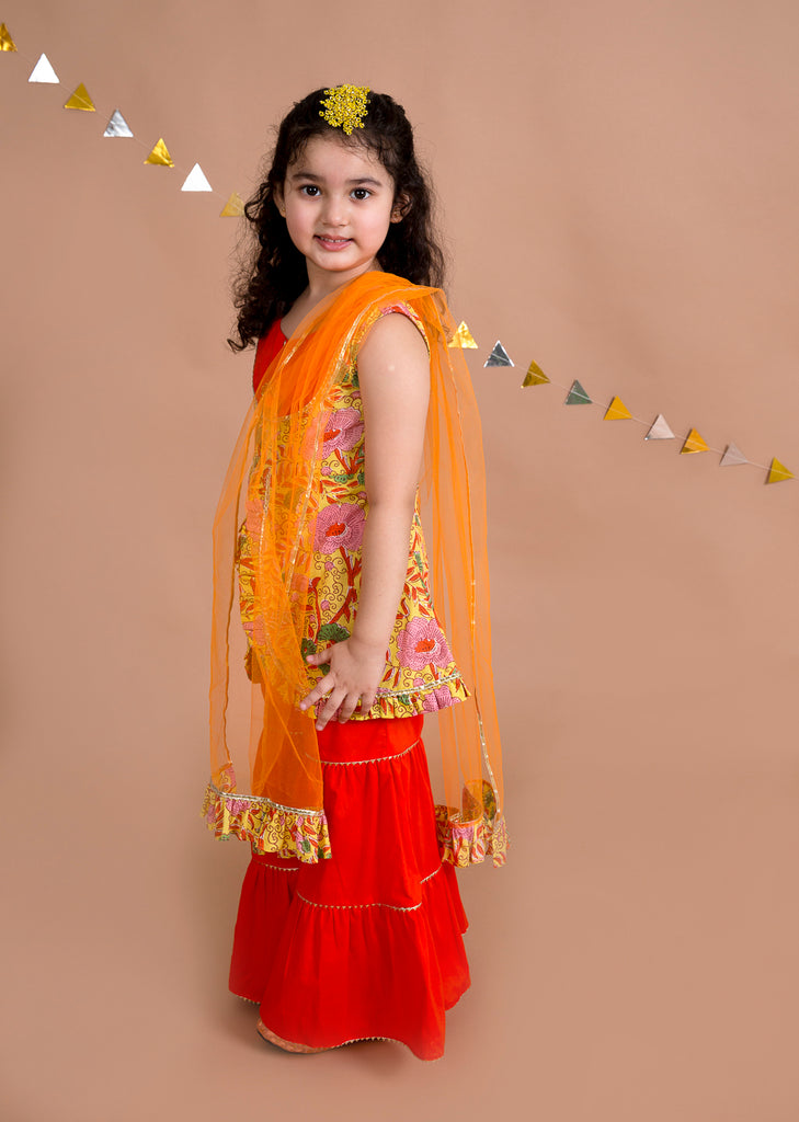 Pspeaches Girls Yellow Floral Printed Pure Cotton Kurti With Sharara With Dupatta (SHA-YELLOW ORANGE)