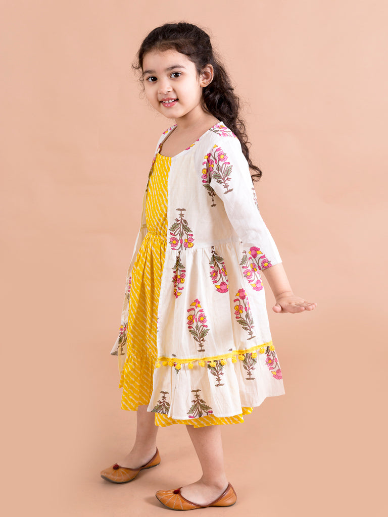 Pspeaches Yellow White Floral A-Line Cotton Dress With Attached Shrug (IW-Mughalflowers)