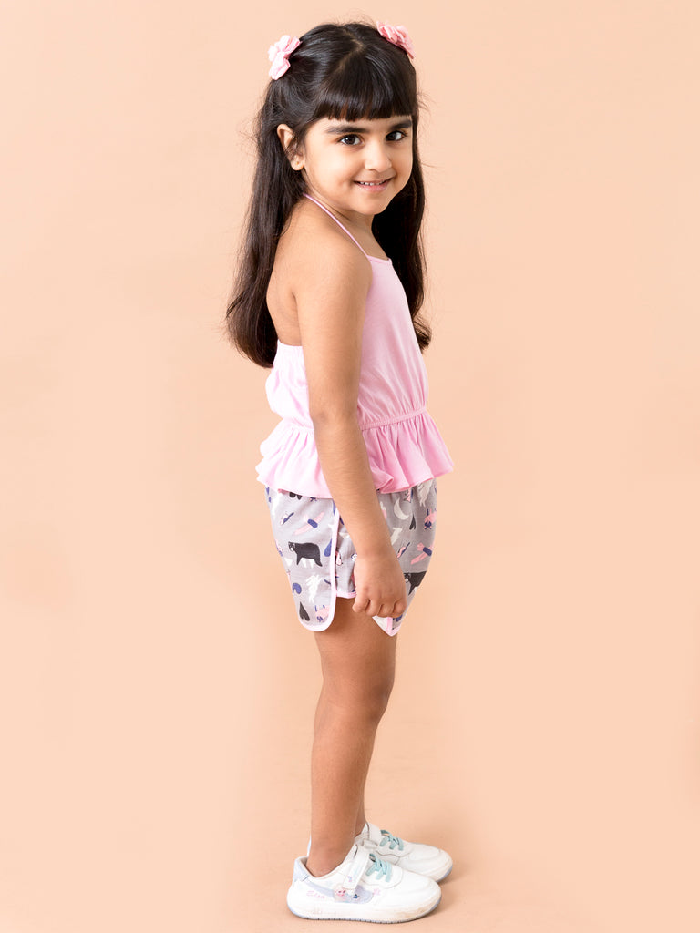 Pspeaches Girls Pink Grey Printed Top With Shorts (SH-JUNGLEPINK)