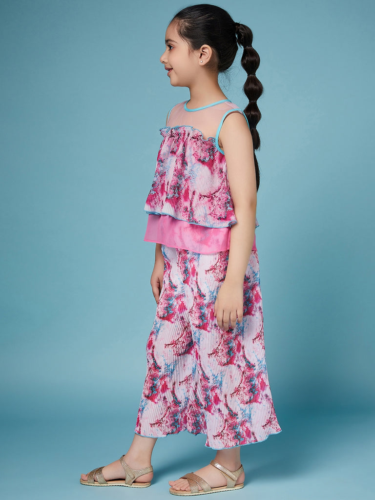 Girls Printed Sleeveless Top With Palazzos (s-pleatpink)