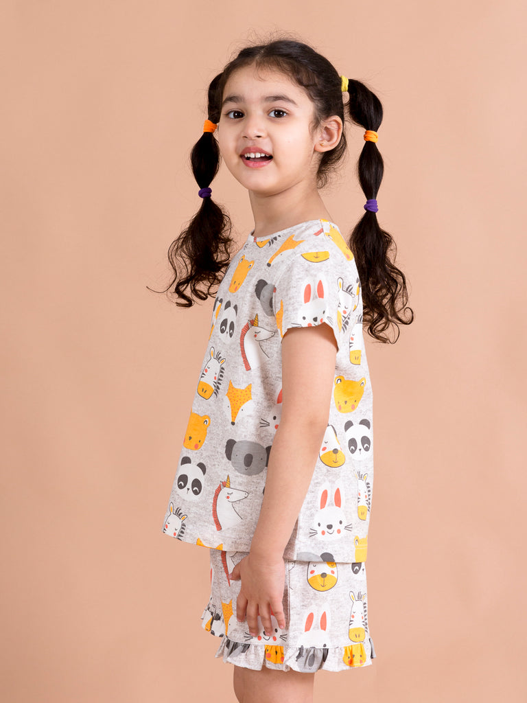 Girls Grey & Yellow Printed Night suit (NW-GreyJungle)