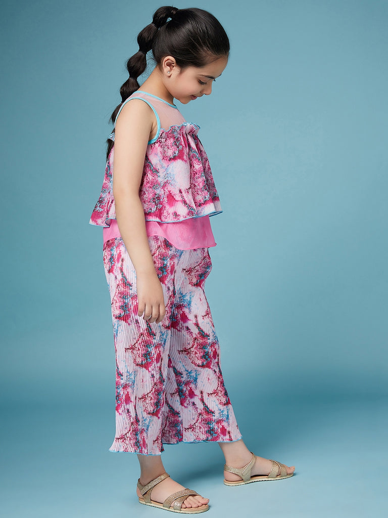 Girls Printed Sleeveless Top With Palazzos (s-pleatpink)