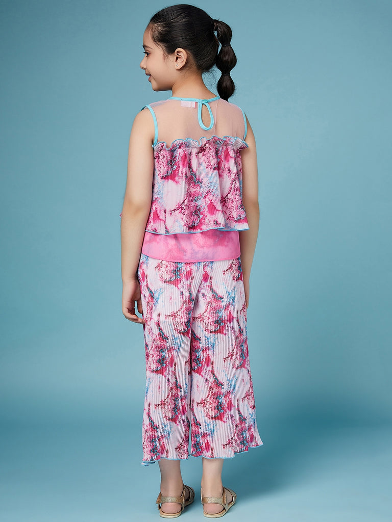 Girls Printed Sleeveless Top With Palazzos (s-pleatpink)