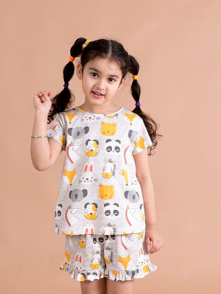 Girls Grey & Yellow Printed Night suit (NW-GreyJungle)