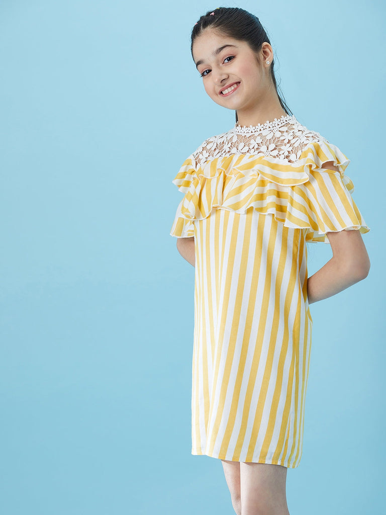 Girls Striped Ruffled Cotton A-Line Dress (d-yellowwhite)