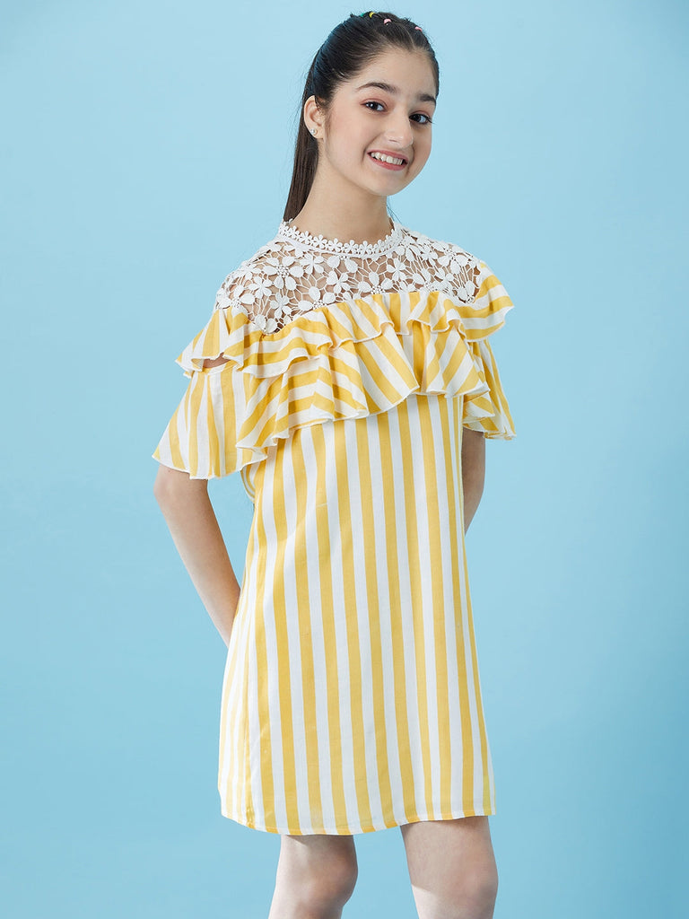 Girls Striped Ruffled Cotton A-Line Dress (d-yellowwhite)