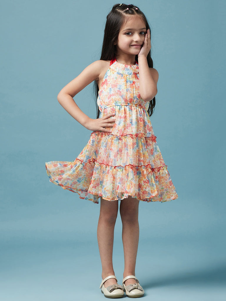 Girls Halter Neck Floral Printed A-Line Dress Sleeveless Design Knee length Casual wear Dress (d-chiffonlayered)