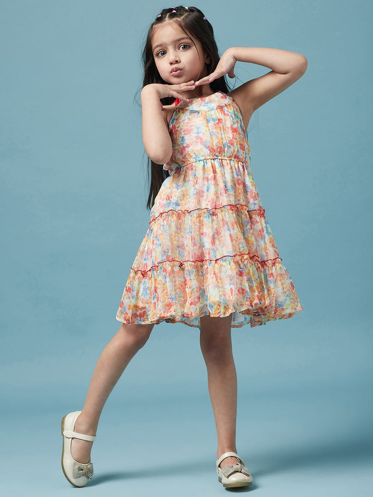 Girls Halter Neck Floral Printed A-Line Dress Sleeveless Design Knee length Casual wear Dress (d-chiffonlayered)