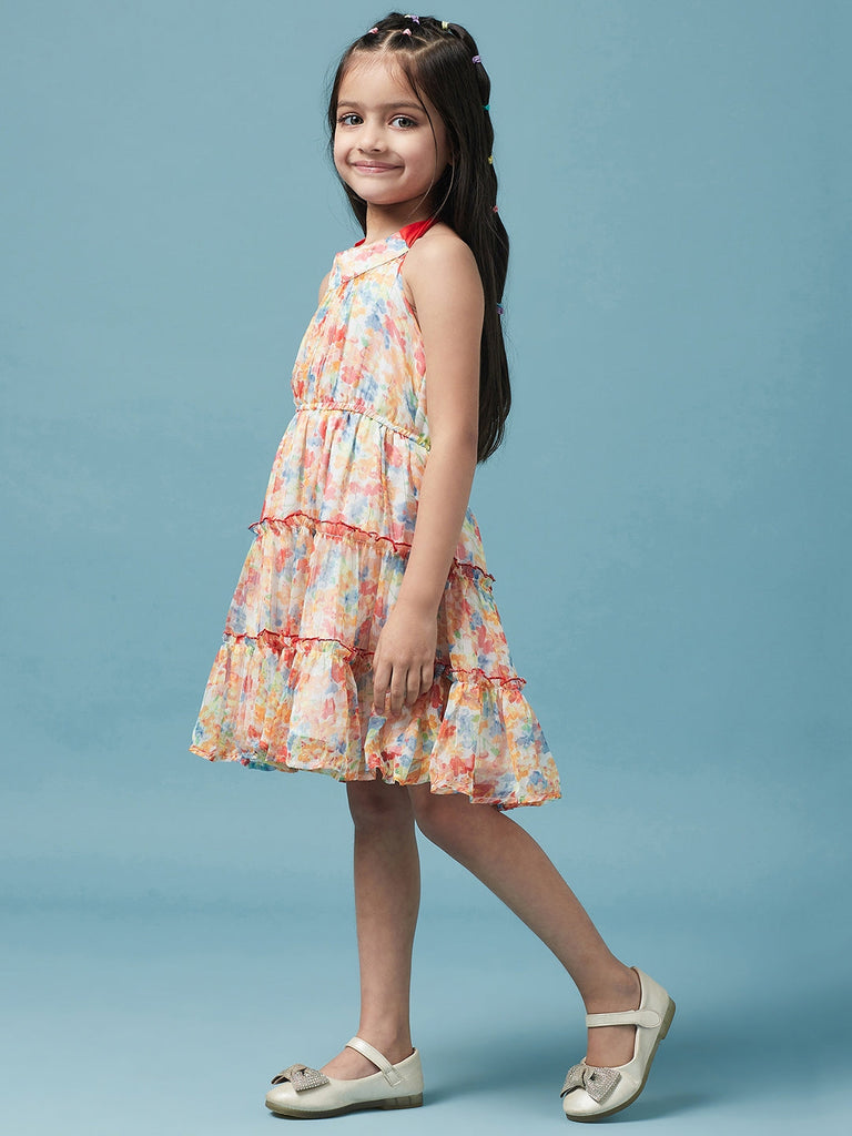 Girls Halter Neck Floral Printed A-Line Dress Sleeveless Design Knee length Casual wear Dress (d-chiffonlayered)