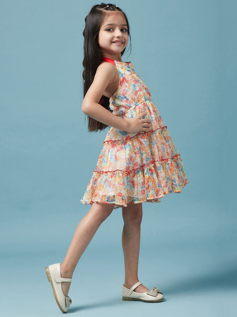 Girls Halter Neck Floral Printed A-Line Dress Sleeveless Design Knee length Casual wear Dress (d-chiffonlayered)