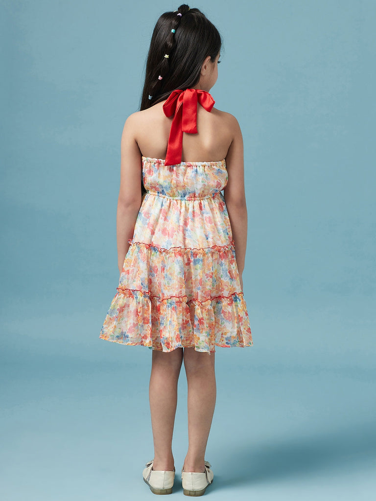 Girls Halter Neck Floral Printed A-Line Dress Sleeveless Design Knee length Casual wear Dress (d-chiffonlayered)