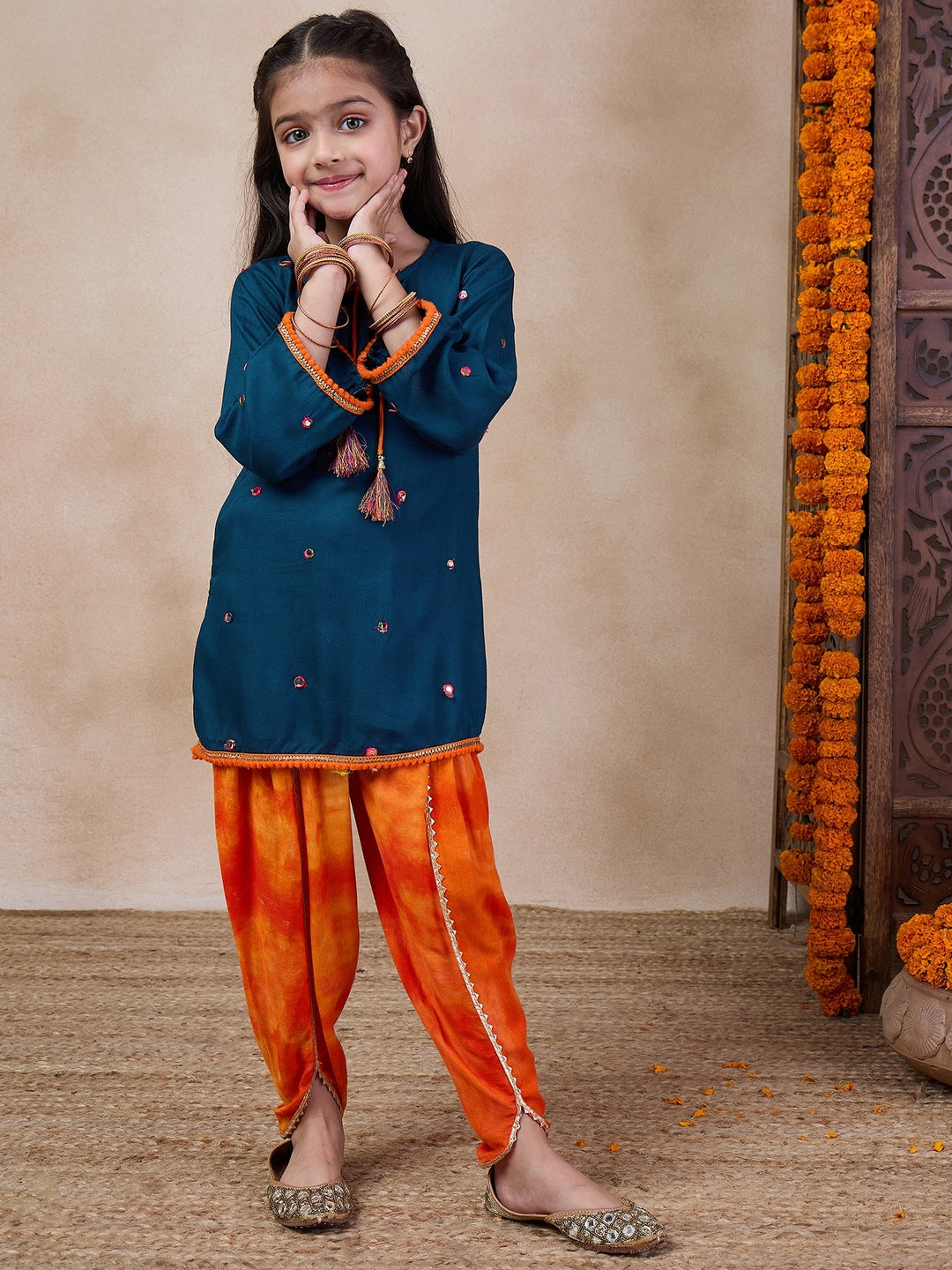 Girls Embroidered Tie-Up Neck Mirror Work A-Line Kurta With Dhoti Pants (DH-BLUEMIRROR)