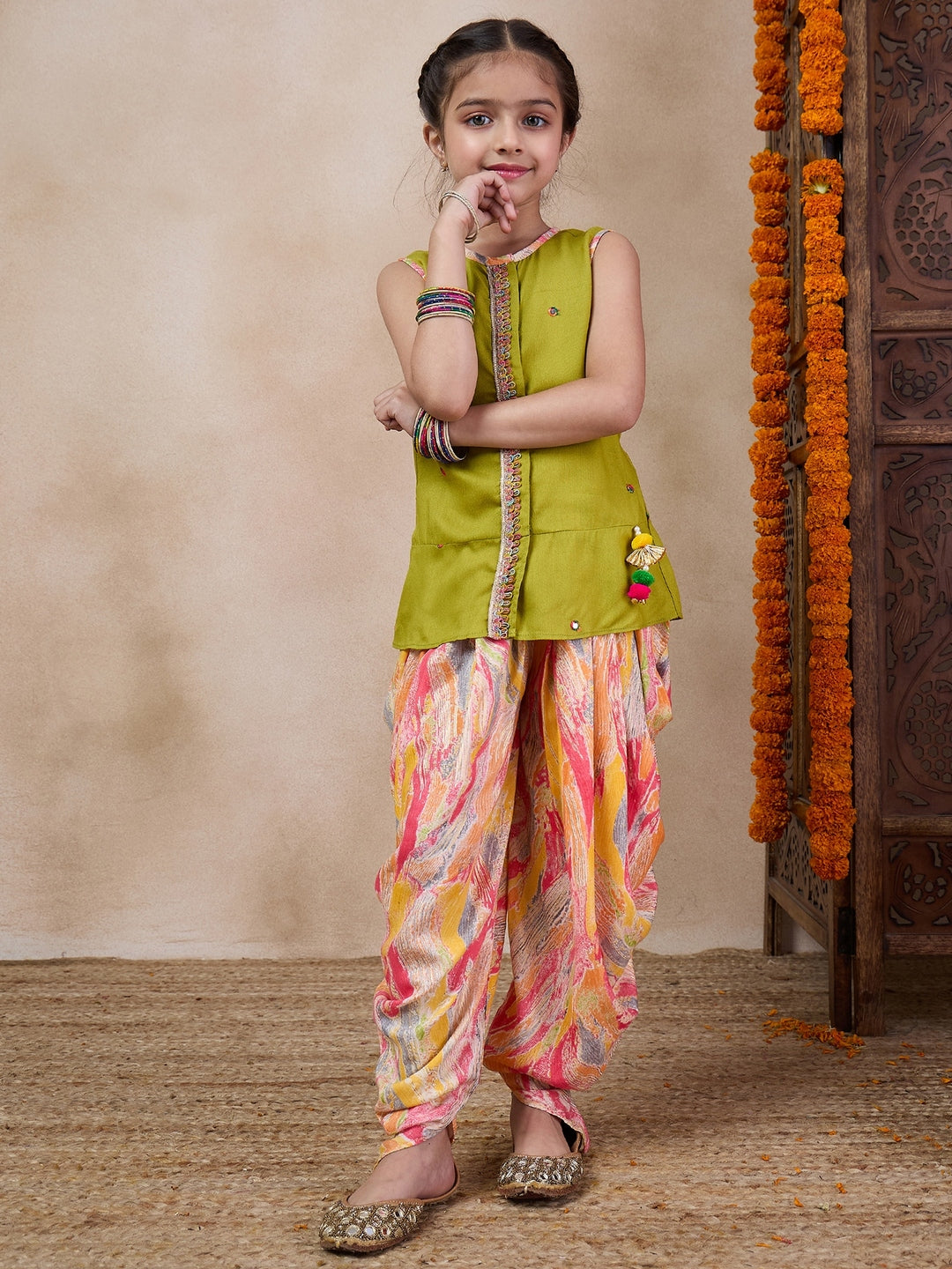 Girls Floral Embroidered Sleeveless A-Line Sequinned Kurti With Dhoti Pants (DH-MULTIDHOTI)