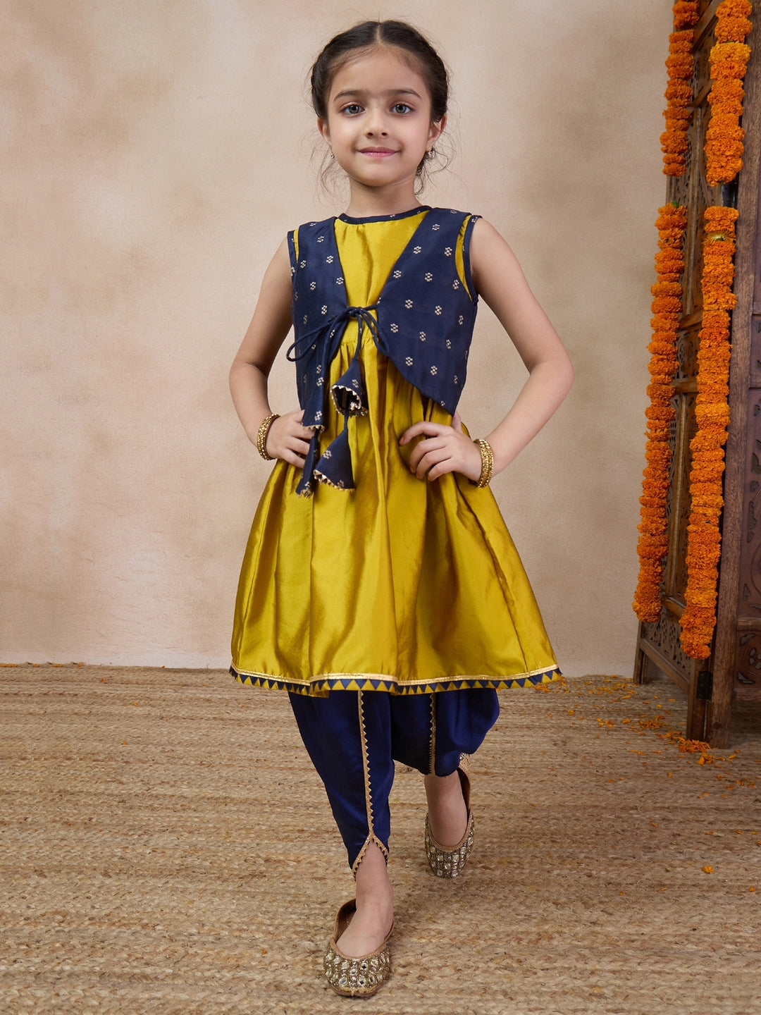 Girls Anarkali Round Neck Sleeveless Kurta With Dhoti Pants Jacket (DH-MUSTARDBLUECHANDERI)