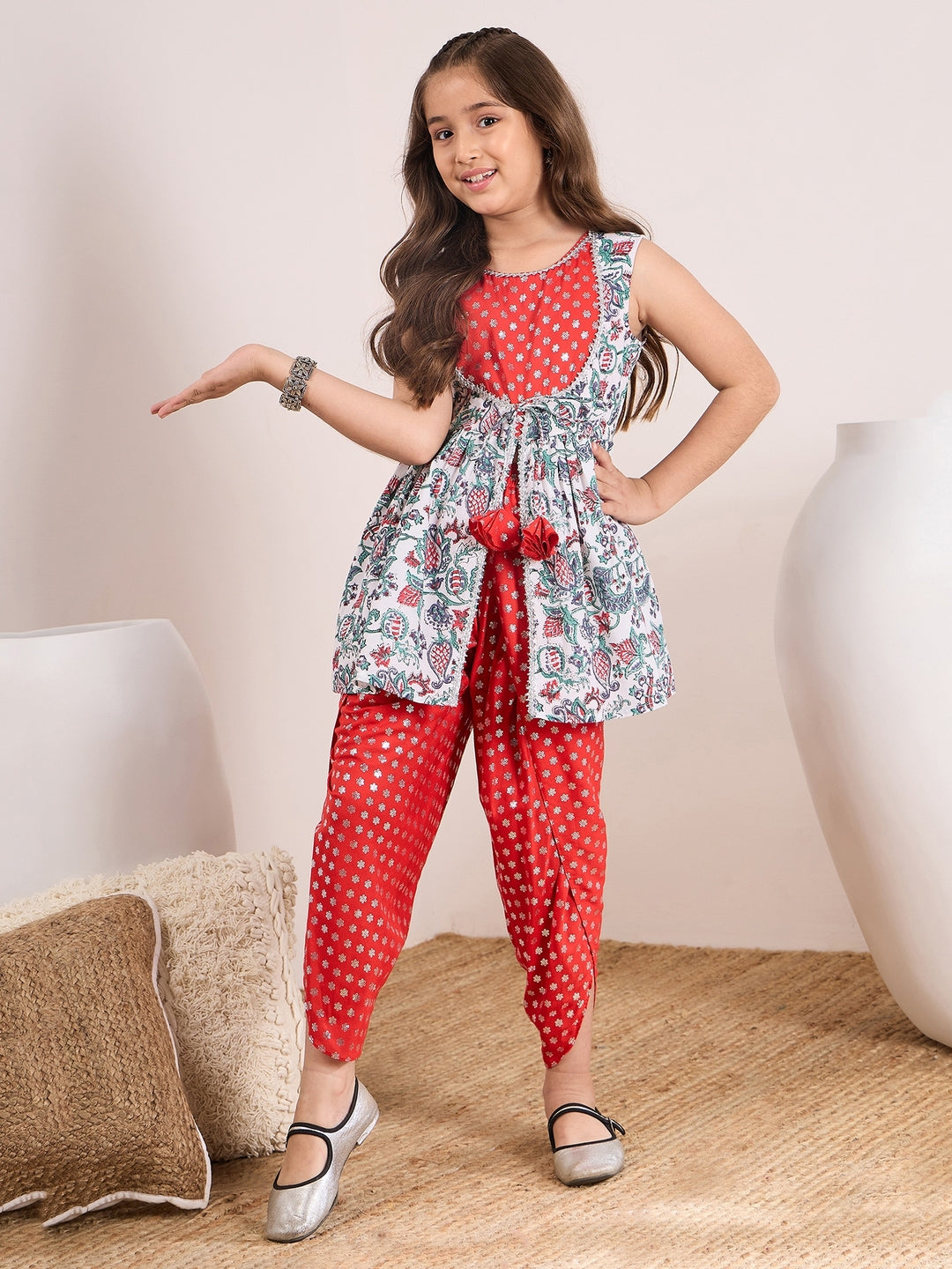 Girls Floral Printed A-Line Kurti with Dhoti Pants (DH-REDFOILDHOTI)