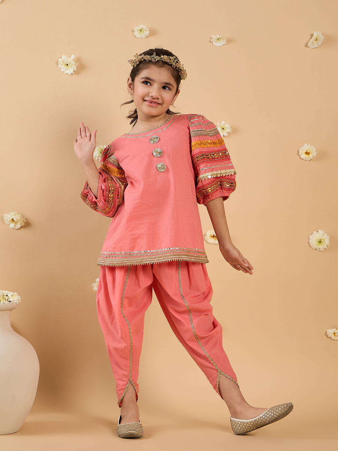 2-Piece Coral Embroidery Kurta And Dhoti Set (DH25013509)