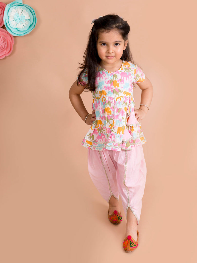 Girls White Ethnic Motifs Printed Pleated Gotta Patti Pure Cotton Kurti with Dhoti Pants (Dh-Elephant)