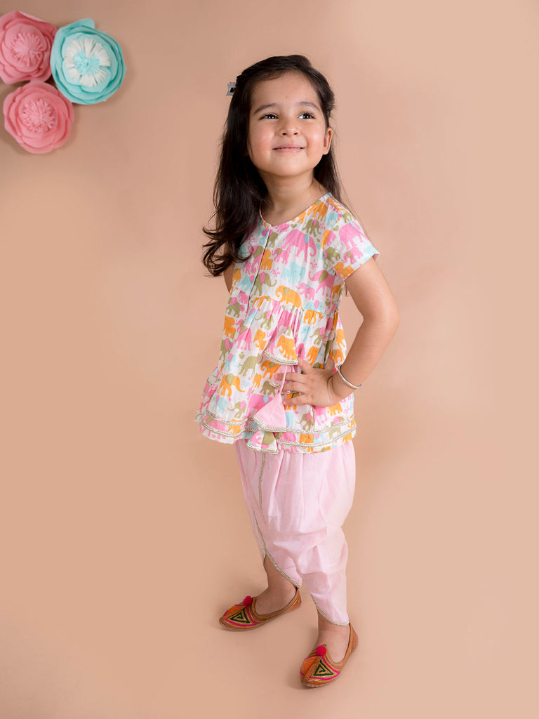 Girls White Ethnic Motifs Printed Pleated Gotta Patti Pure Cotton Kurti with Dhoti Pants (Dh-Elephant)