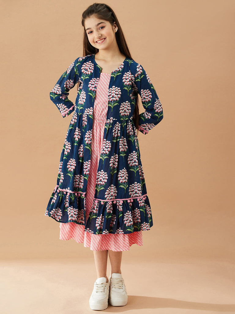 Girls Striped A-Line Midi Cotton Dress (IW-BLUEBOOTACAPE)