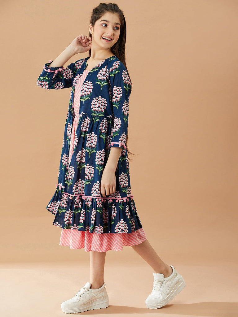 Girls Striped A-Line Midi Cotton Dress (IW-BLUEBOOTACAPE)