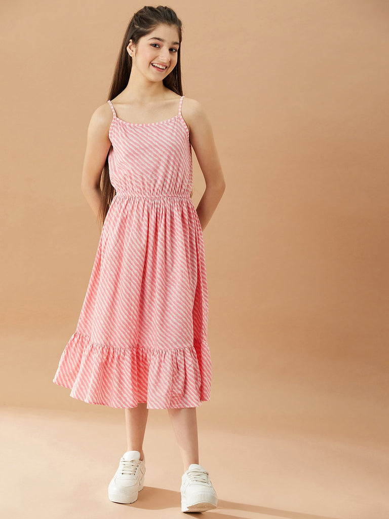 Girls Striped A-Line Midi Cotton Dress (IW-BLUEBOOTACAPE)