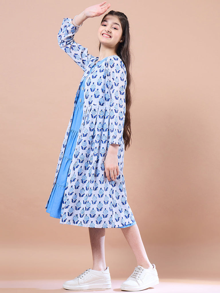 Girls Floral Print Round Neck Sleeveless Tiered Midi Fit & Flared Cotton Dress (IW-FIROZIBOOTI)