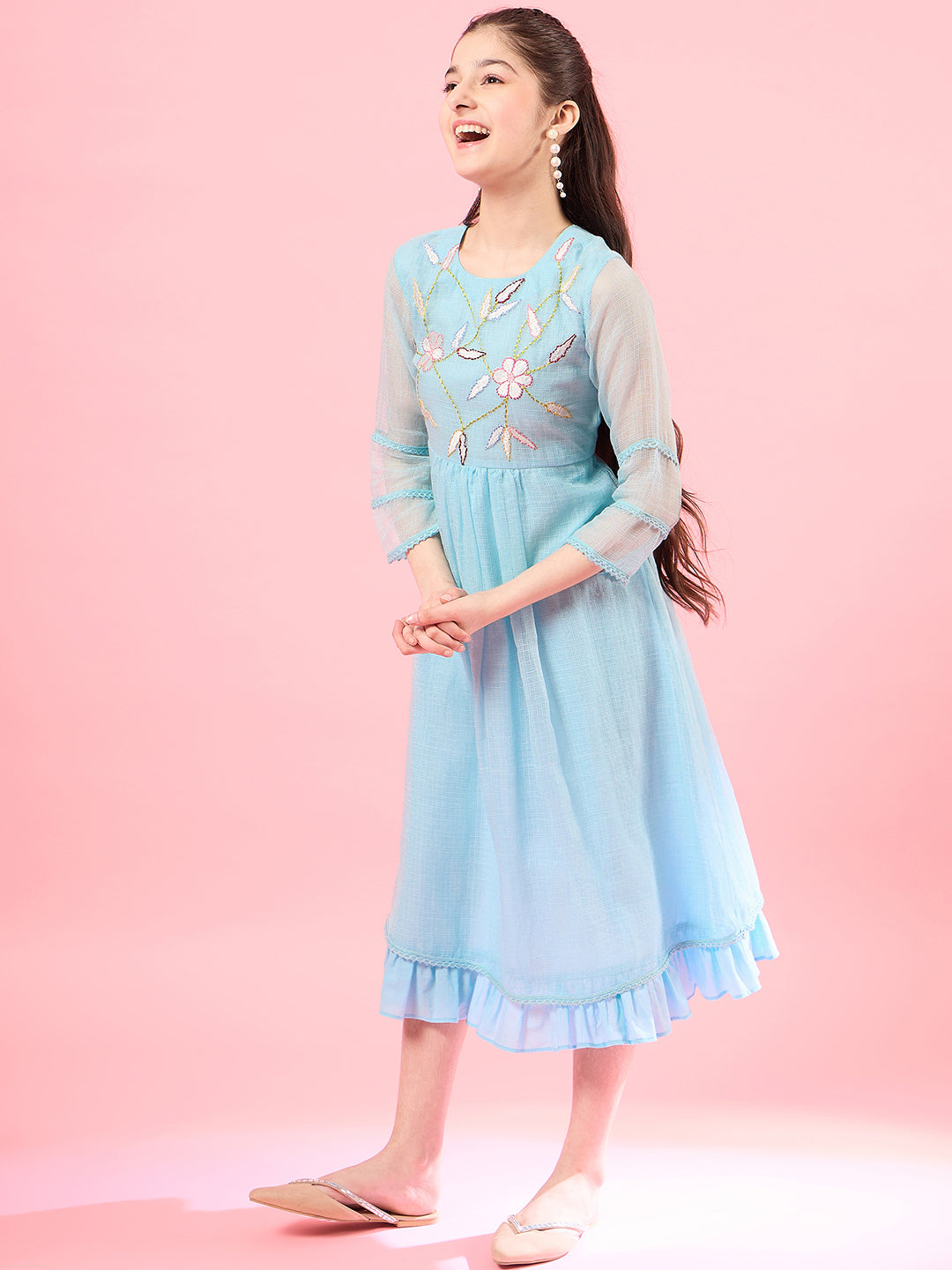 Blue solid self design fit & flare dress Long Sleeves Round Neck Cotton Midi Dress (IW-FIROZIKOTAEMB)