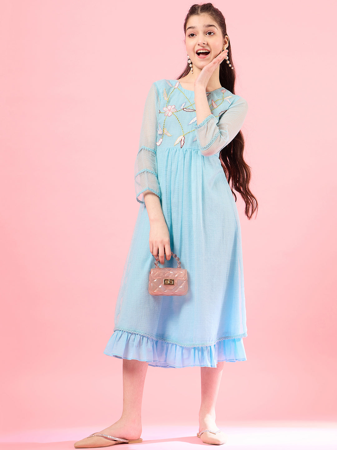 Blue solid self design fit & flare dress Long Sleeves Round Neck Cotton Midi Dress (IW-FIROZIKOTAEMB)