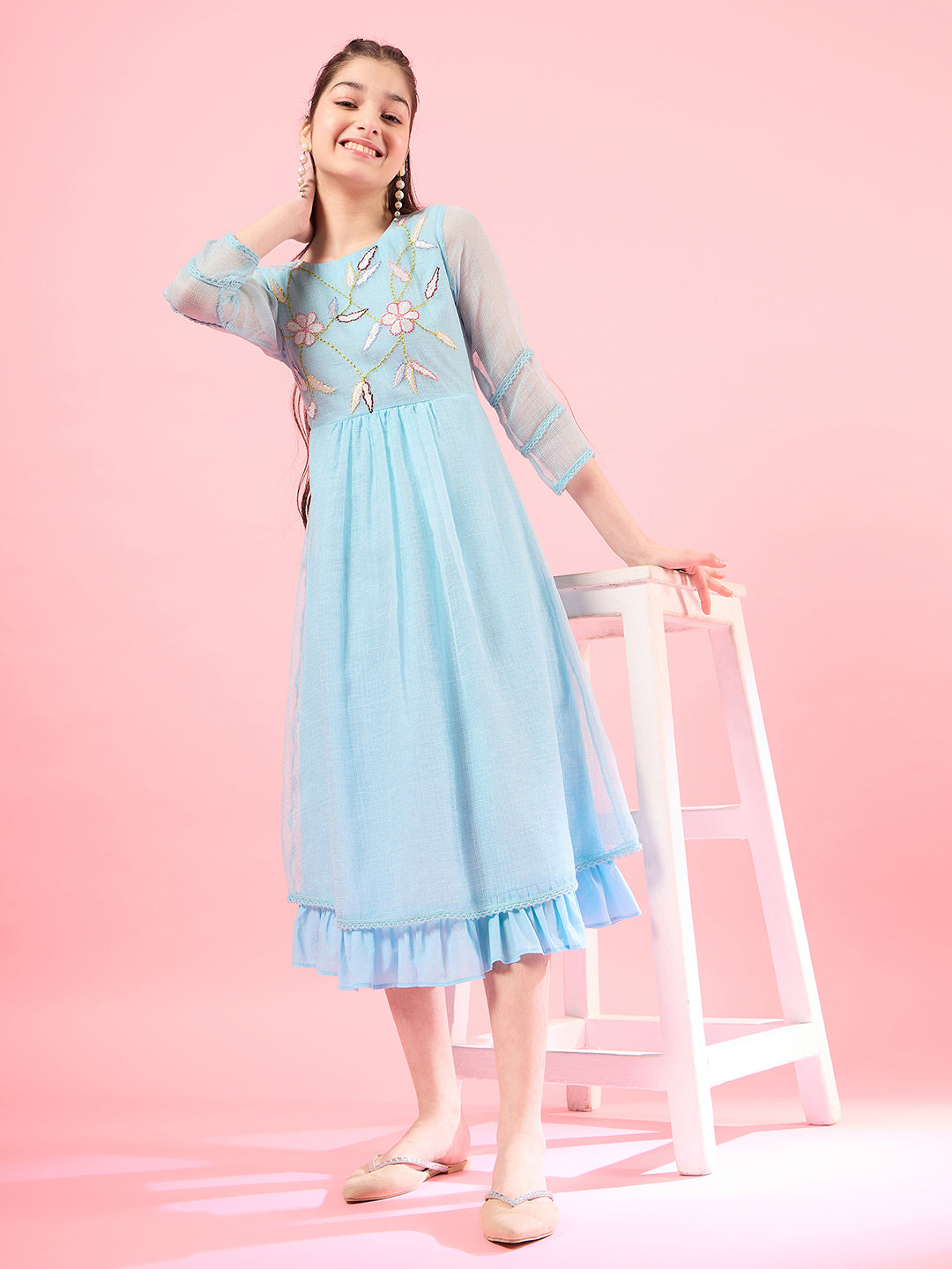 Blue solid self design fit & flare dress Long Sleeves Round Neck Cotton Midi Dress (IW-FIROZIKOTAEMB)