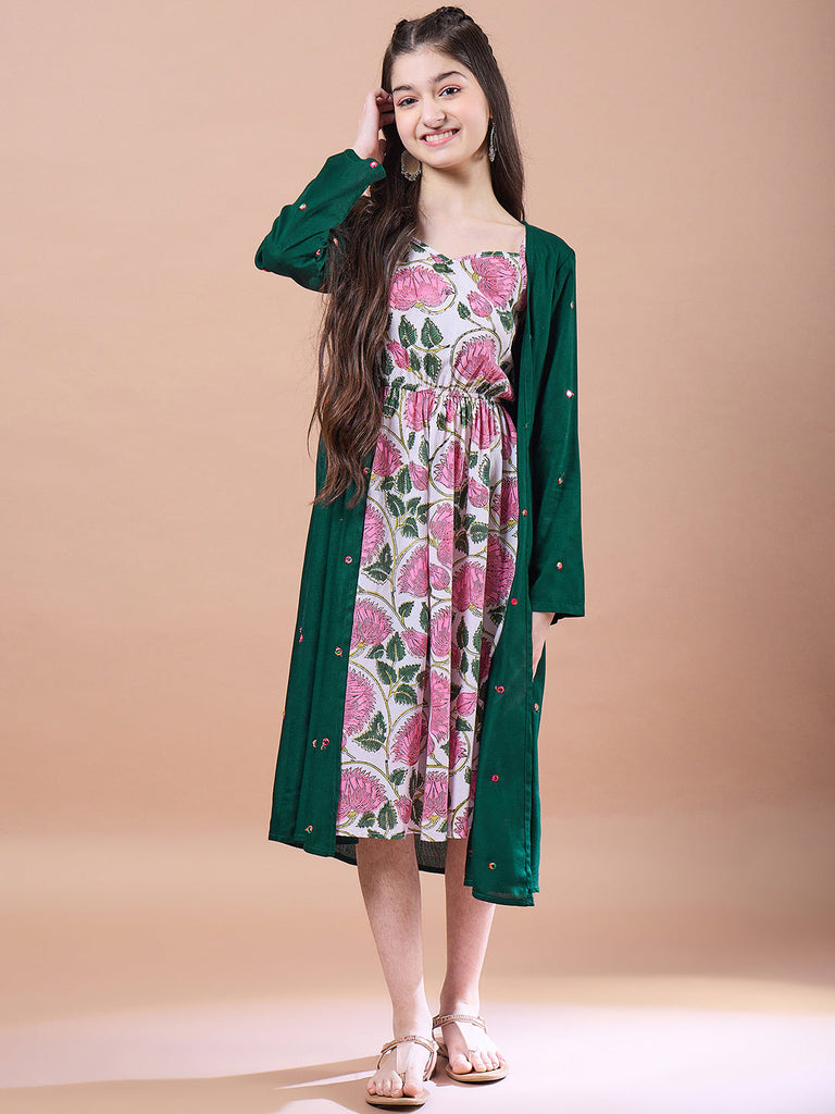 Girls Green floral print empire dress Square Neck Empire Cotton Midi Dress (IW-GREENMIRROR)